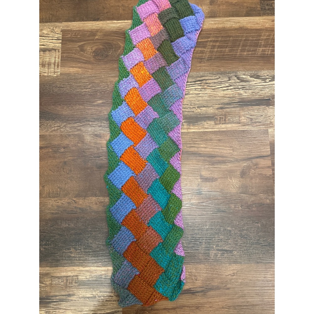Handmade Multi Color Entrelac Knit Scarf Orange Purple Green Blue Artisanal